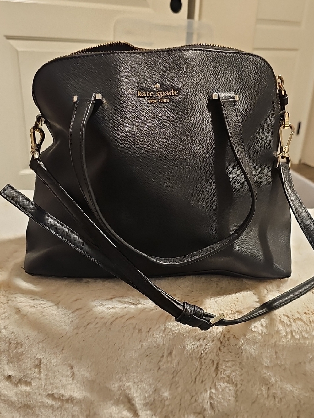 kate spade Black Leather Dome Shoulder Bag with Gold Hardware